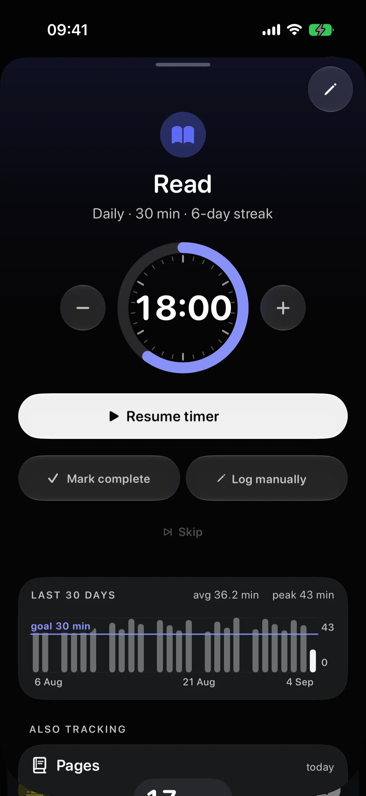 Read: 18 of 30 minutes on the clock face, with Resume timer