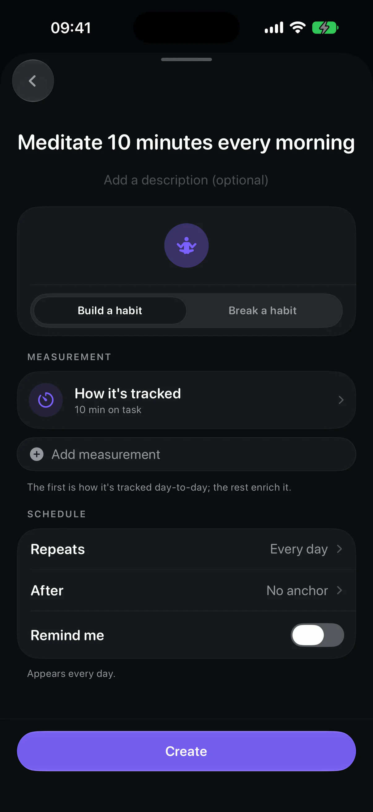 Creating a habit from a sentence in the current Eki app: the icon, measurement and schedule fill themselves in