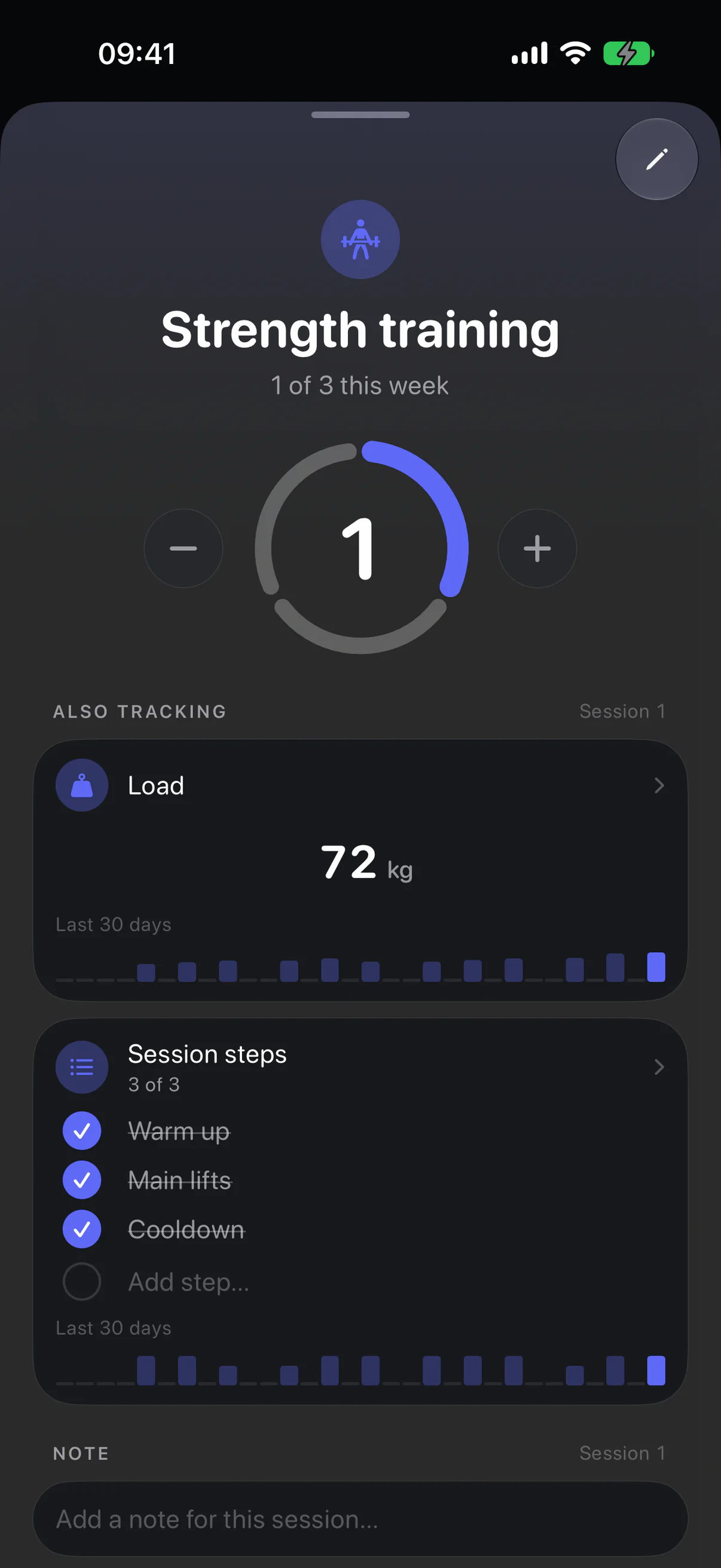 A current strength habit in Eki with a weekly session ring, the load in kilograms, and a per-session checklist