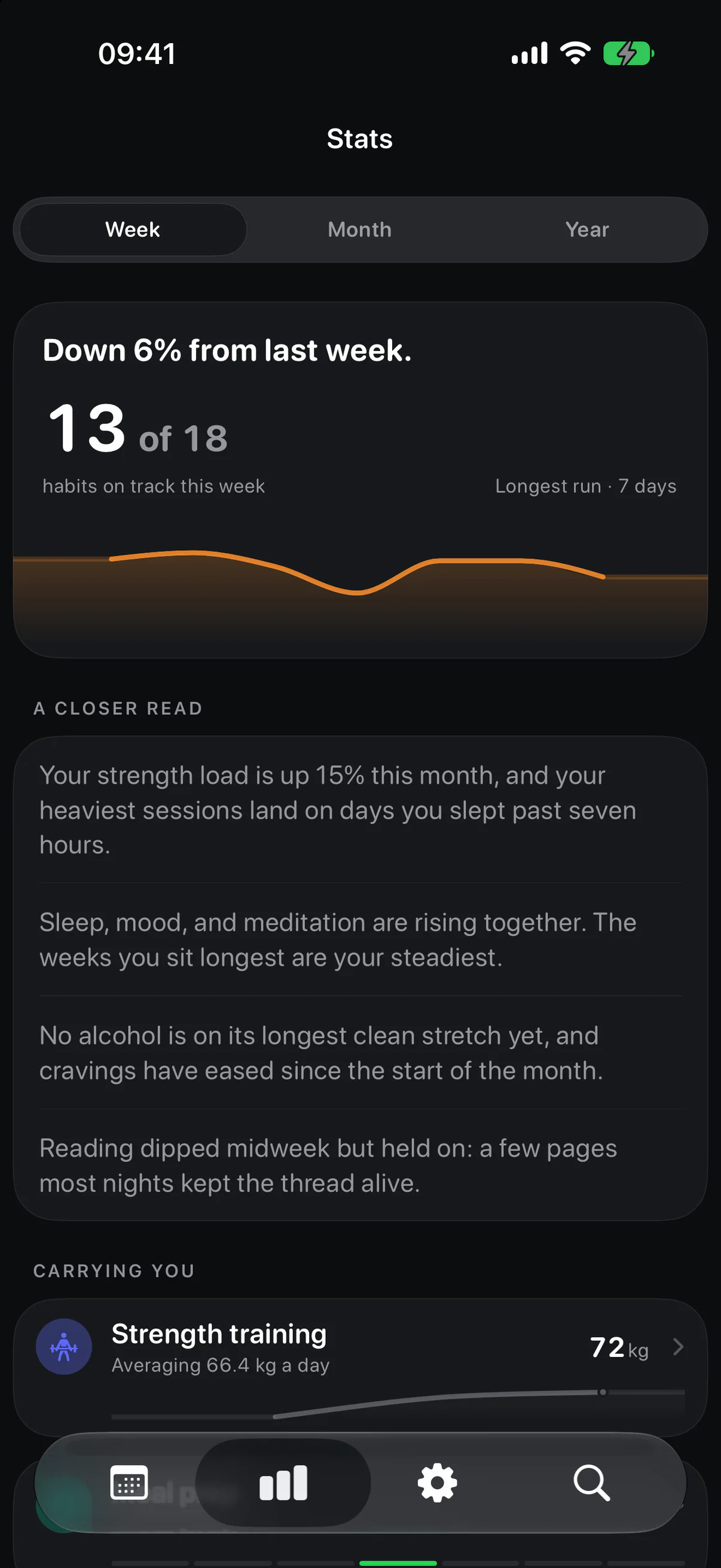 Eki's current on-device Apple Intelligence read, connecting habits across the week