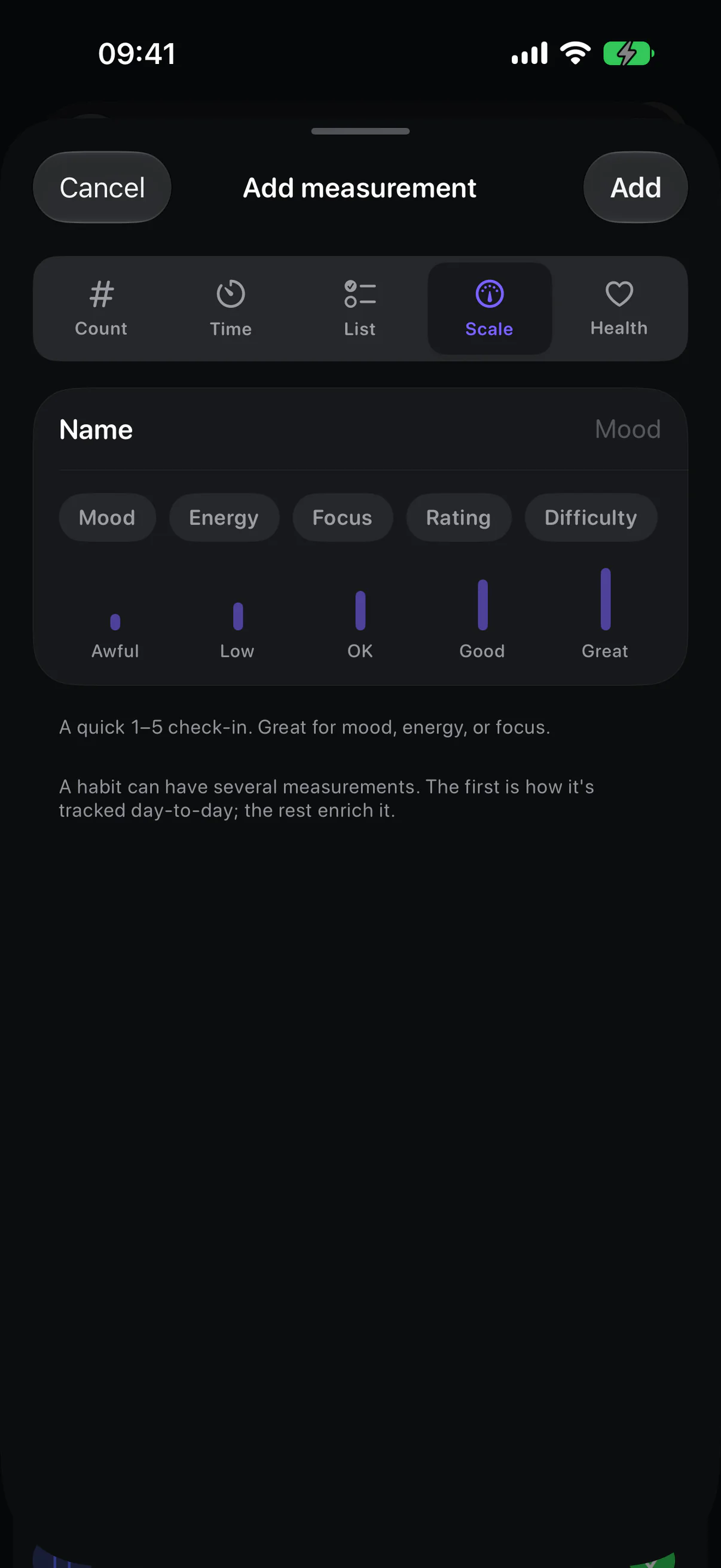 Adding a measurement in the current Eki app: a count, timer, checklist, a 1 to 5 scale, or Apple Health