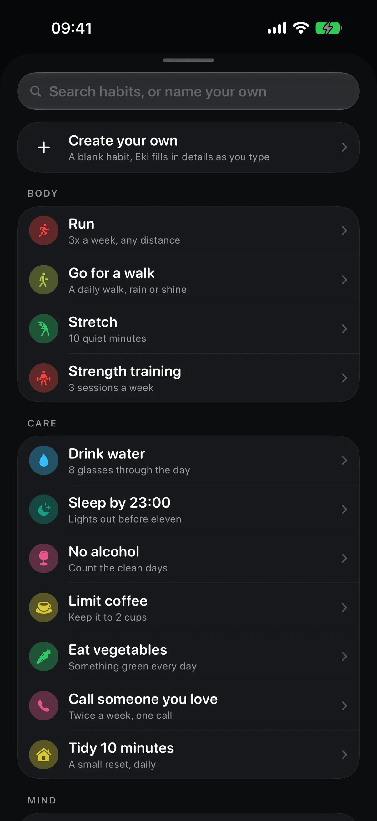 Eki's current habit gallery of curated templates, grouped by Body, Care and Mind