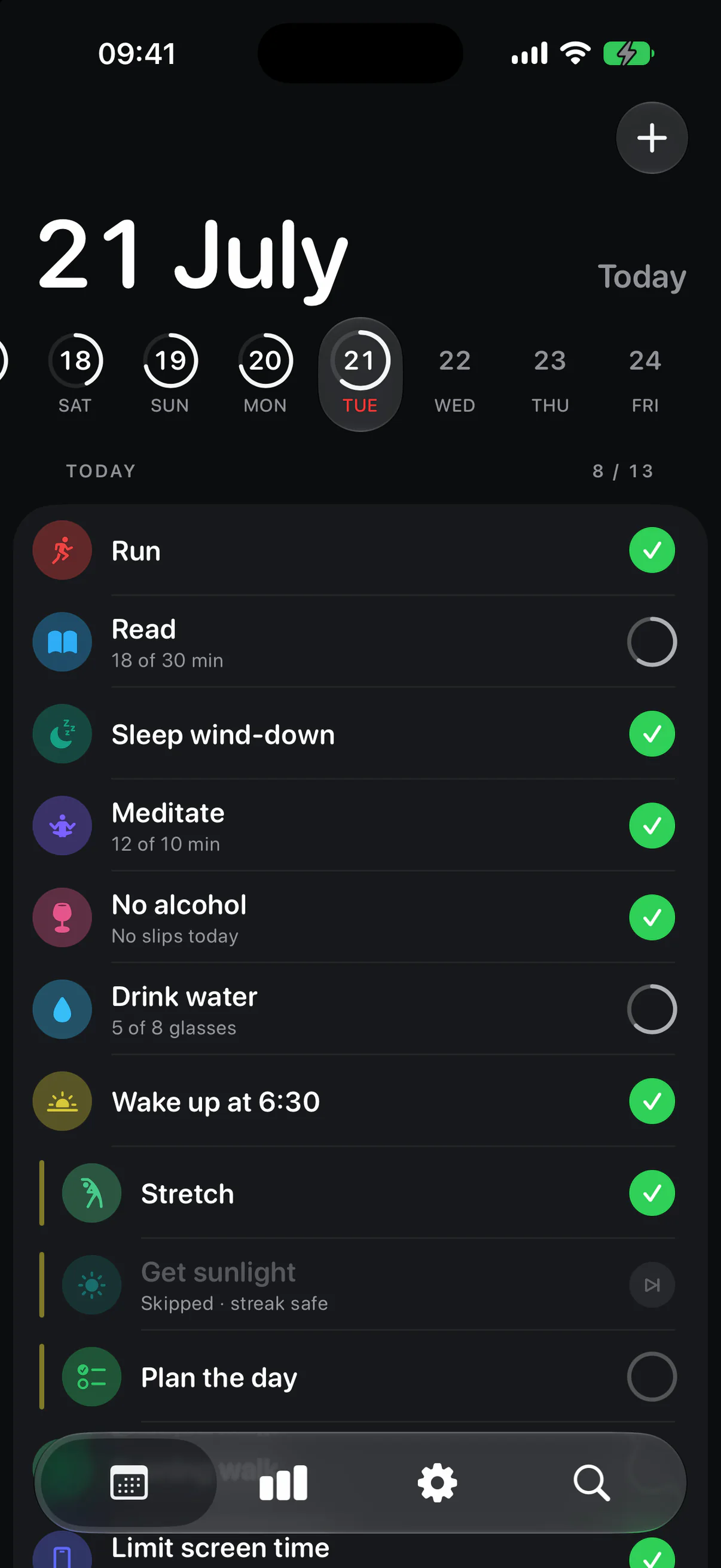 Eki's current Today screen, a calm list of habits with one-tap check-ins