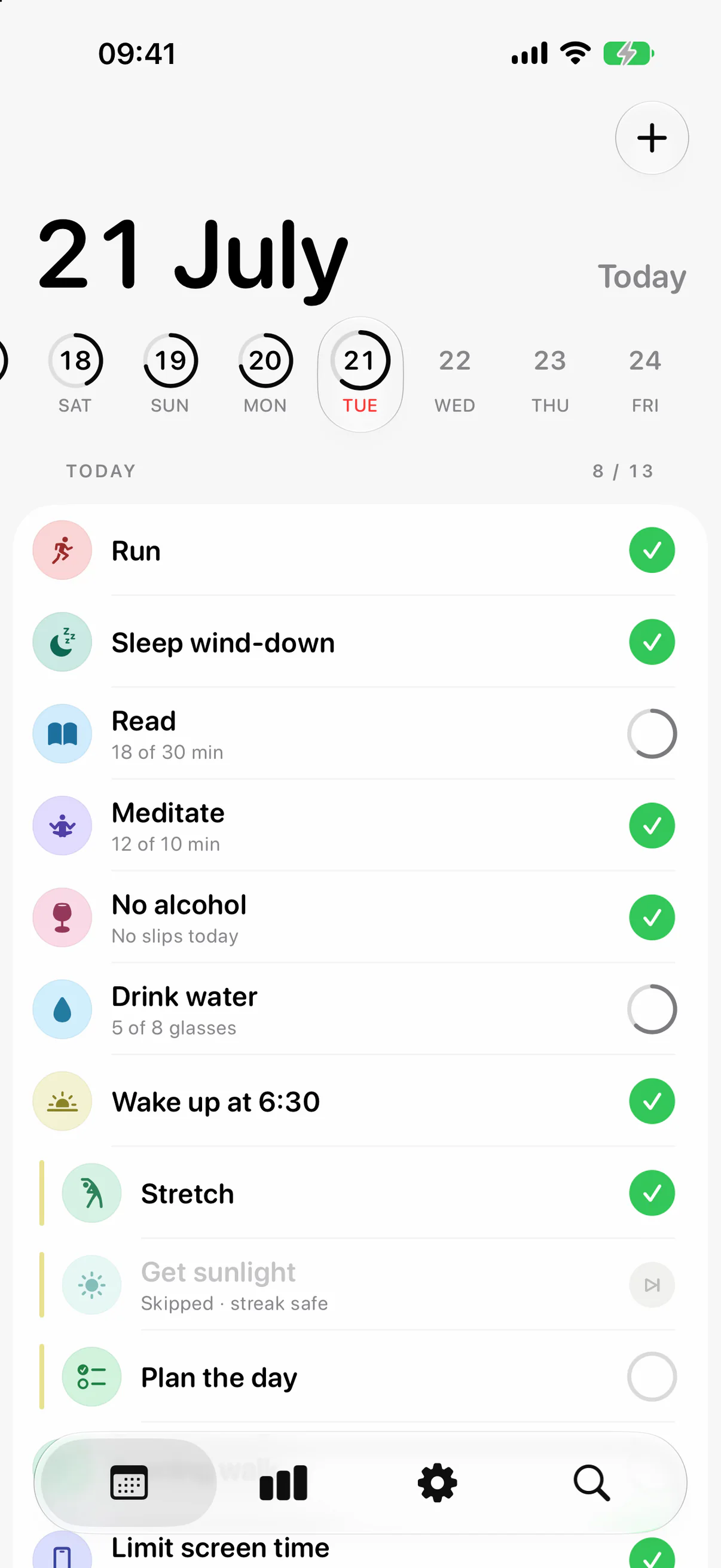 Eki's current Today screen in light mode, a calm list of habits with one-tap check-ins