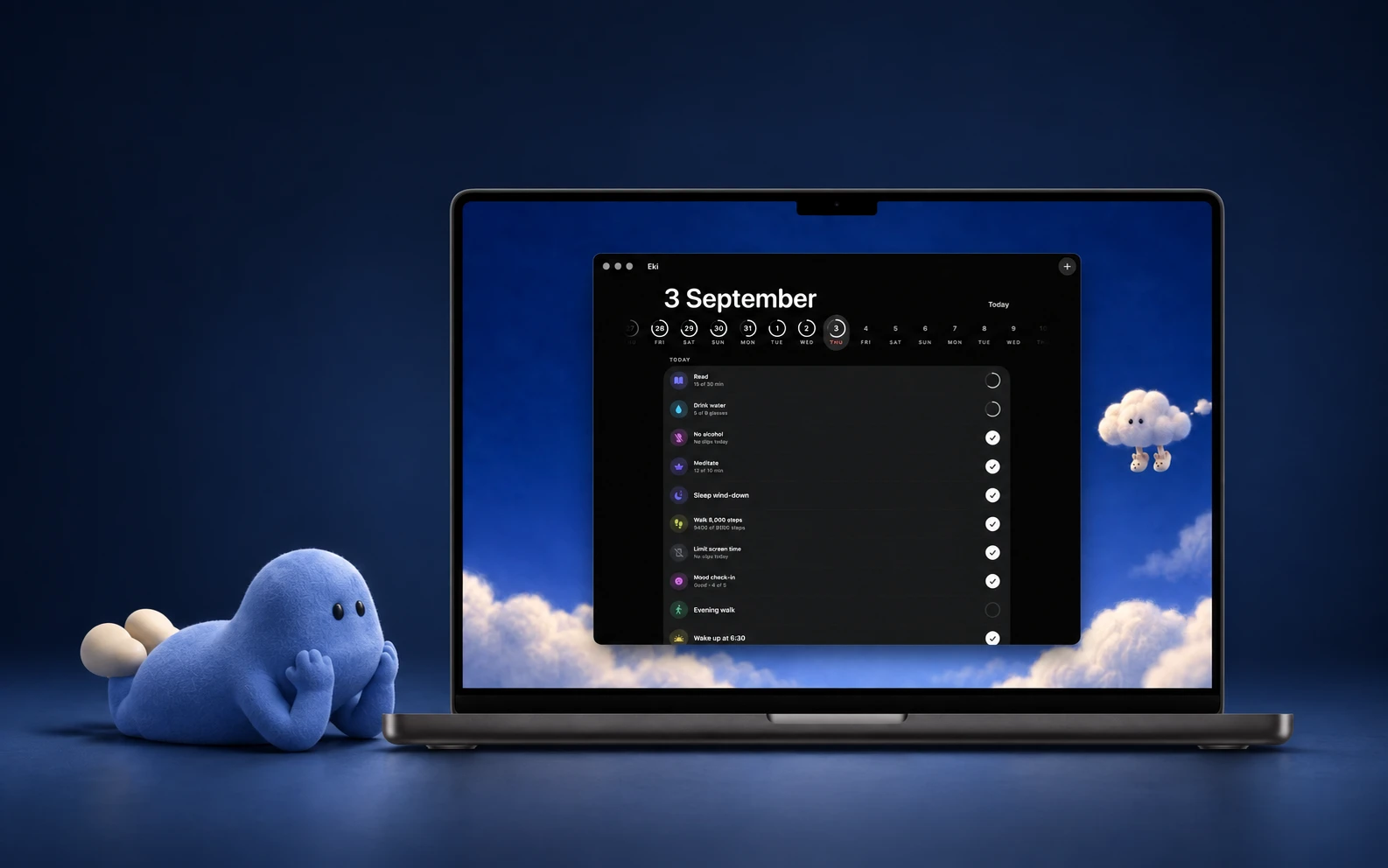 Eki relaxing beside a MacBook showing the Today habit list over a blue cloud wallpaper