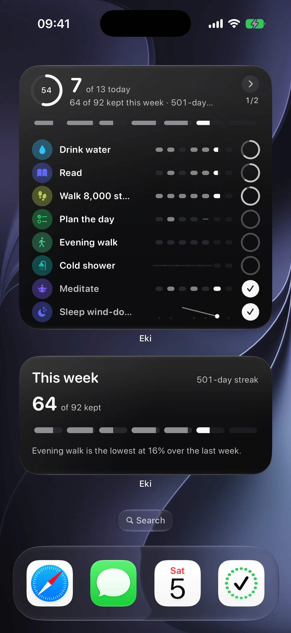 A real iPhone Home Screen with Today and This Week widgets, and Eki in a four-icon dock