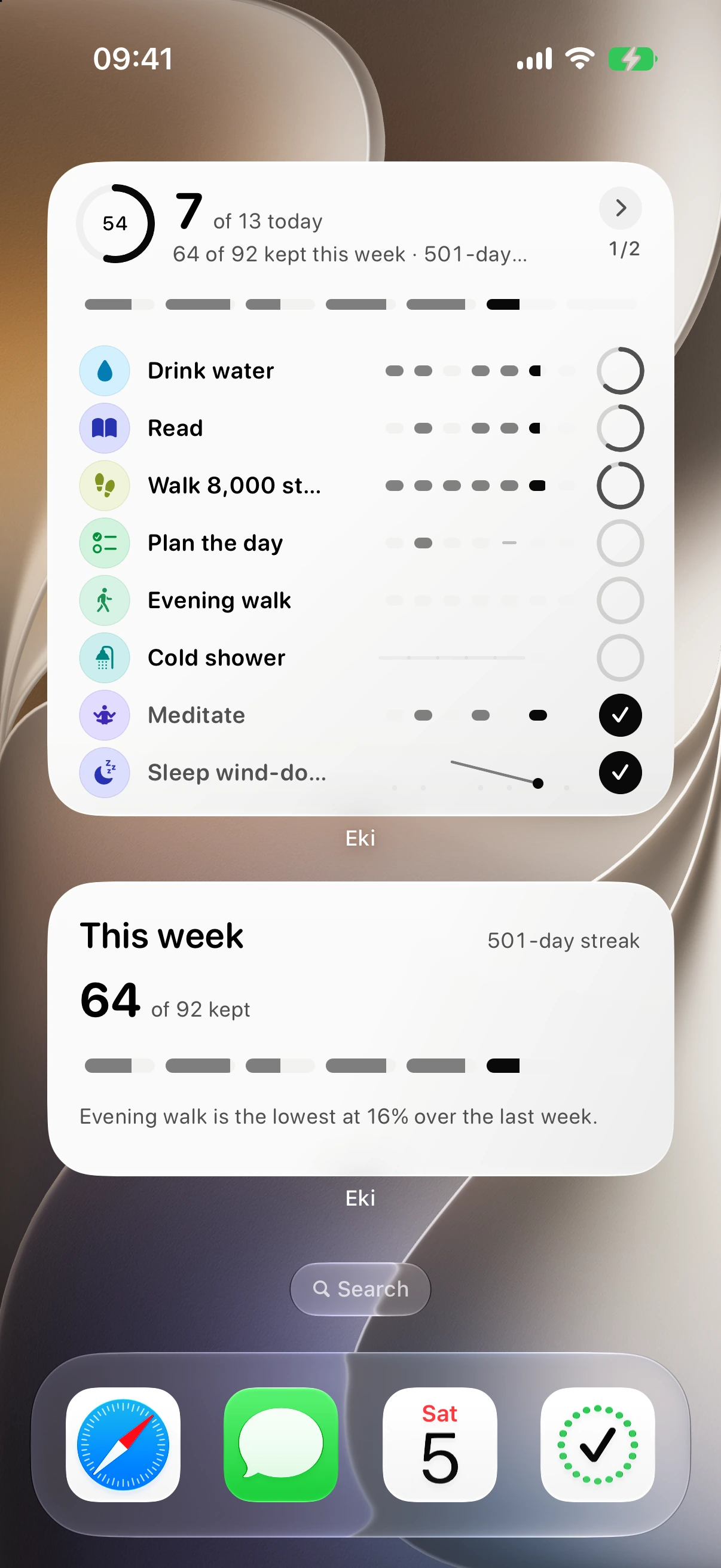 A real iPhone Home Screen with Today and This Week widgets, and Eki in a four-icon dock