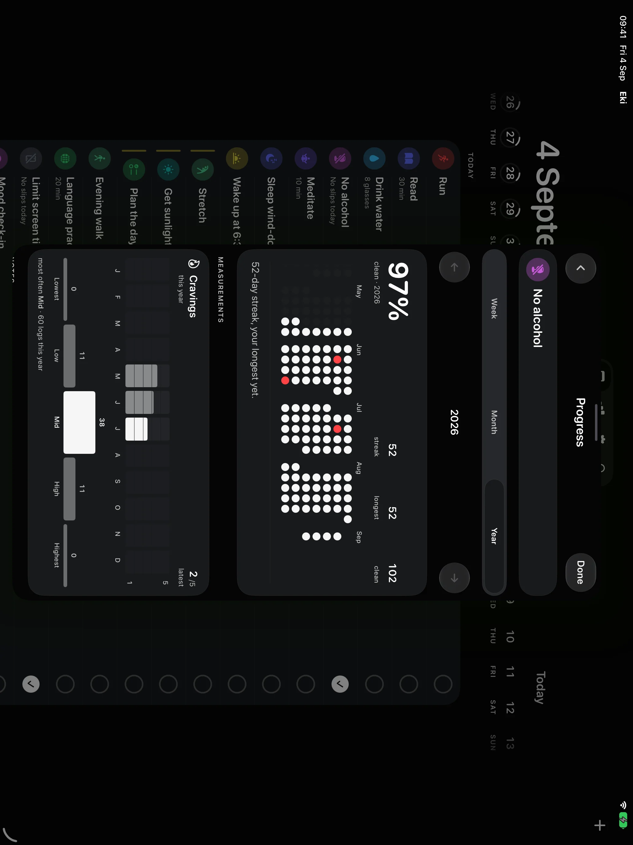 Eki on iPad in landscape, showing No alcohol Progress for the year over the Today habit list