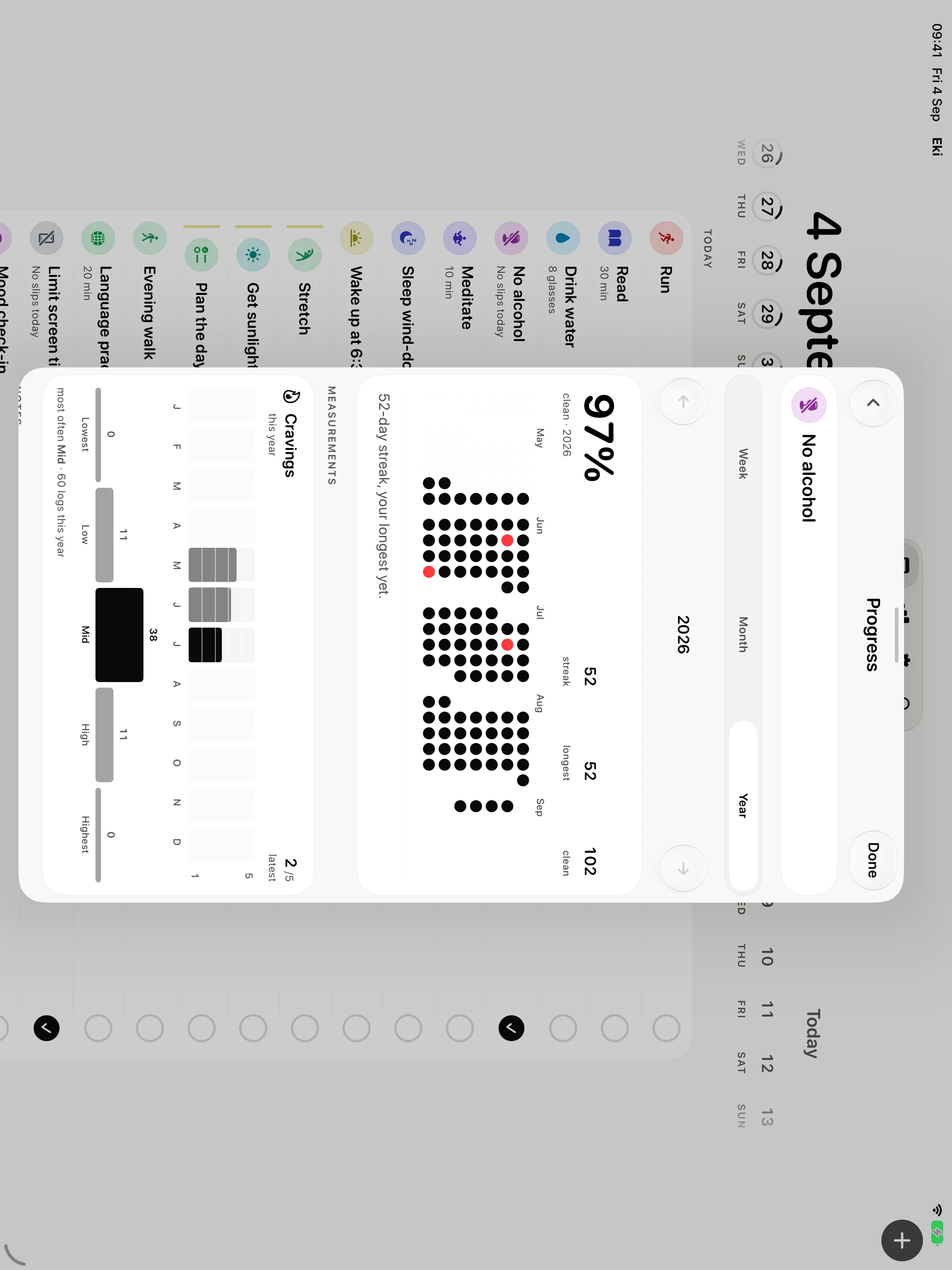 Eki on iPad in landscape, showing No alcohol Progress for the year over the Today habit list