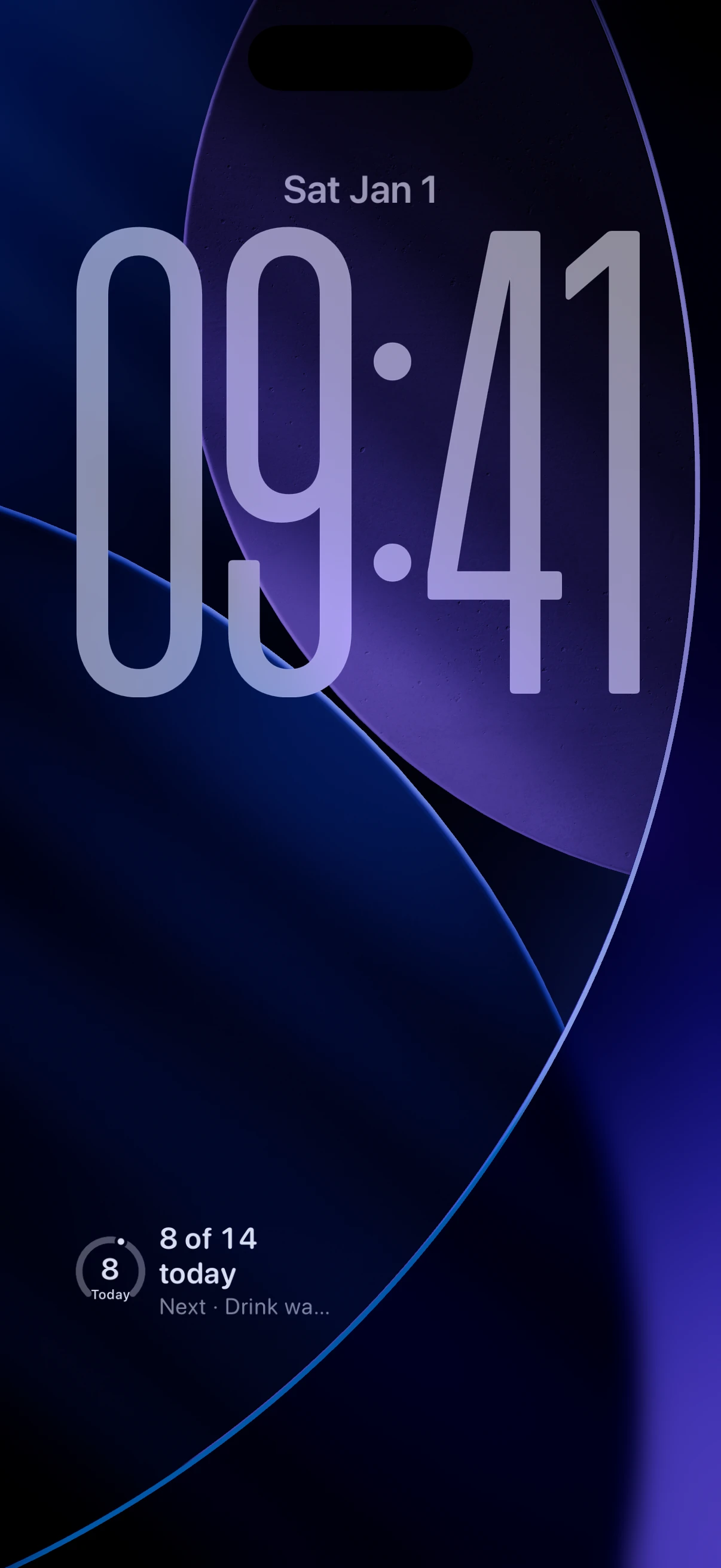 A real iPhone Lock Screen with Eki's Today progress and next habit widgets