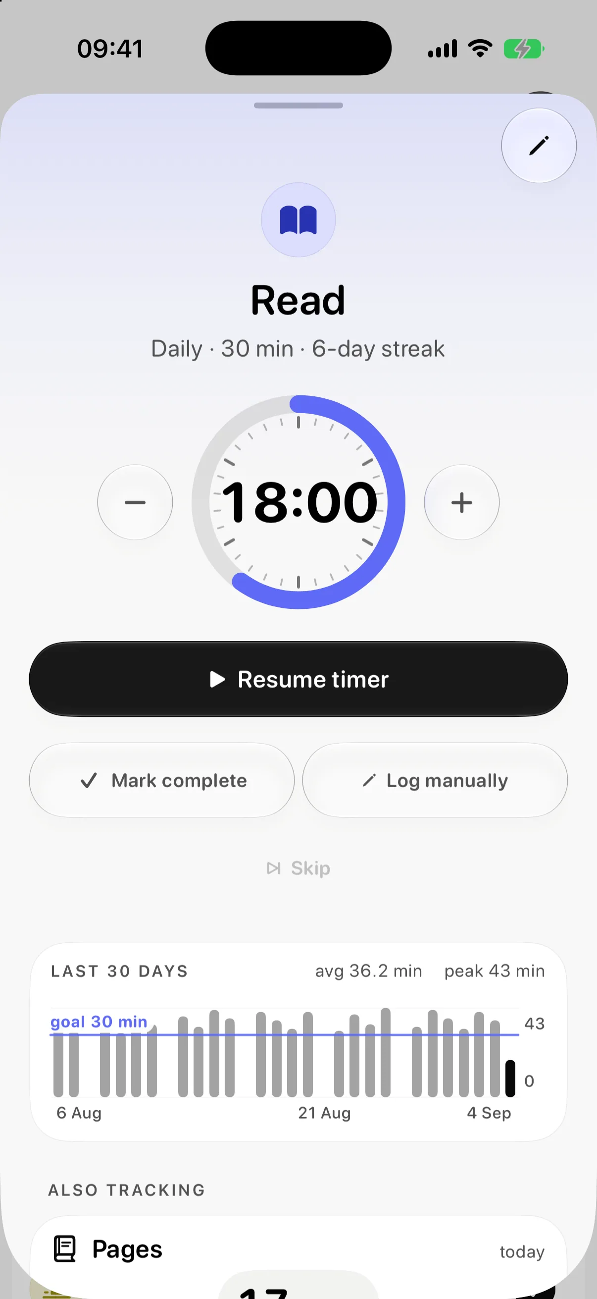 Read: 18 of 30 minutes on the clock face, with Resume timer