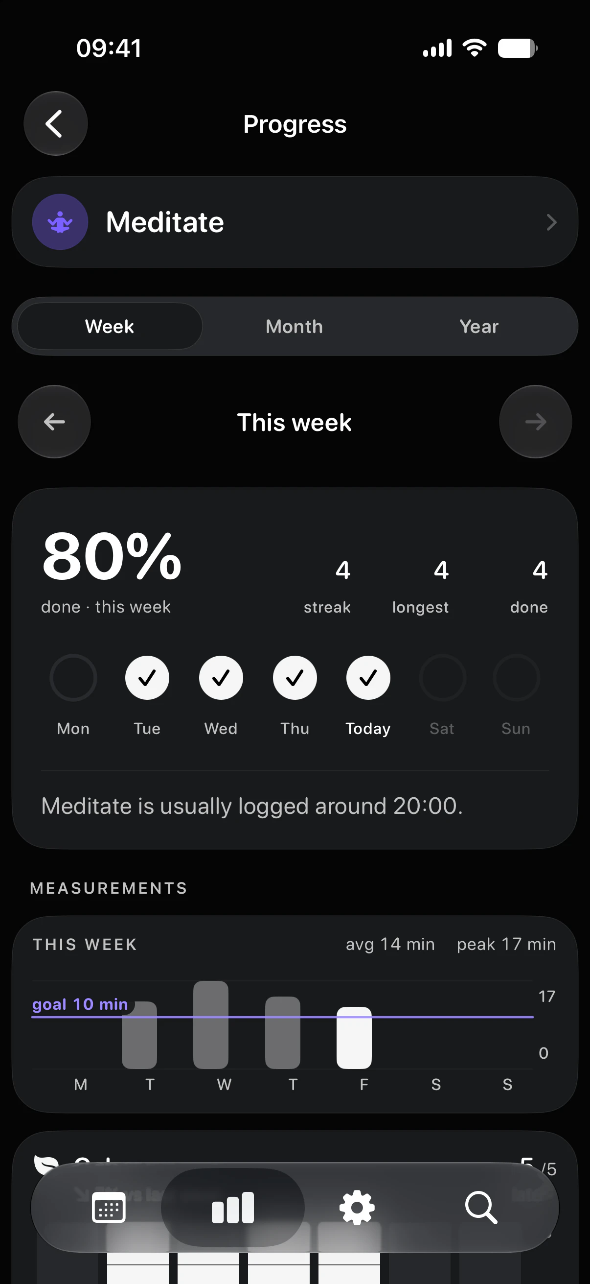 Meditate this week in Stats: 50 percent kept, the day marks, and Eki's note beneath them