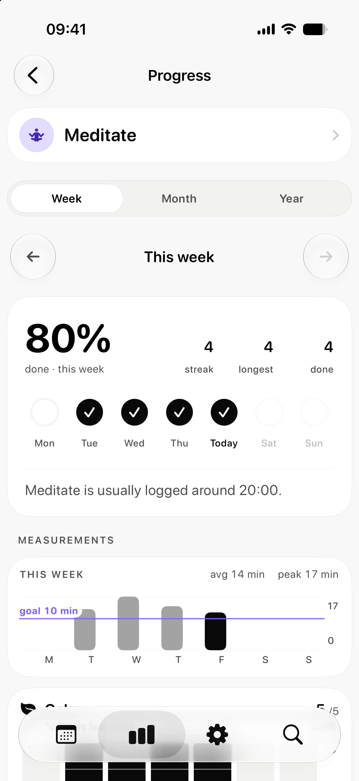 Meditate this week in Stats: 50 percent kept, the day marks, and Eki's note beneath them