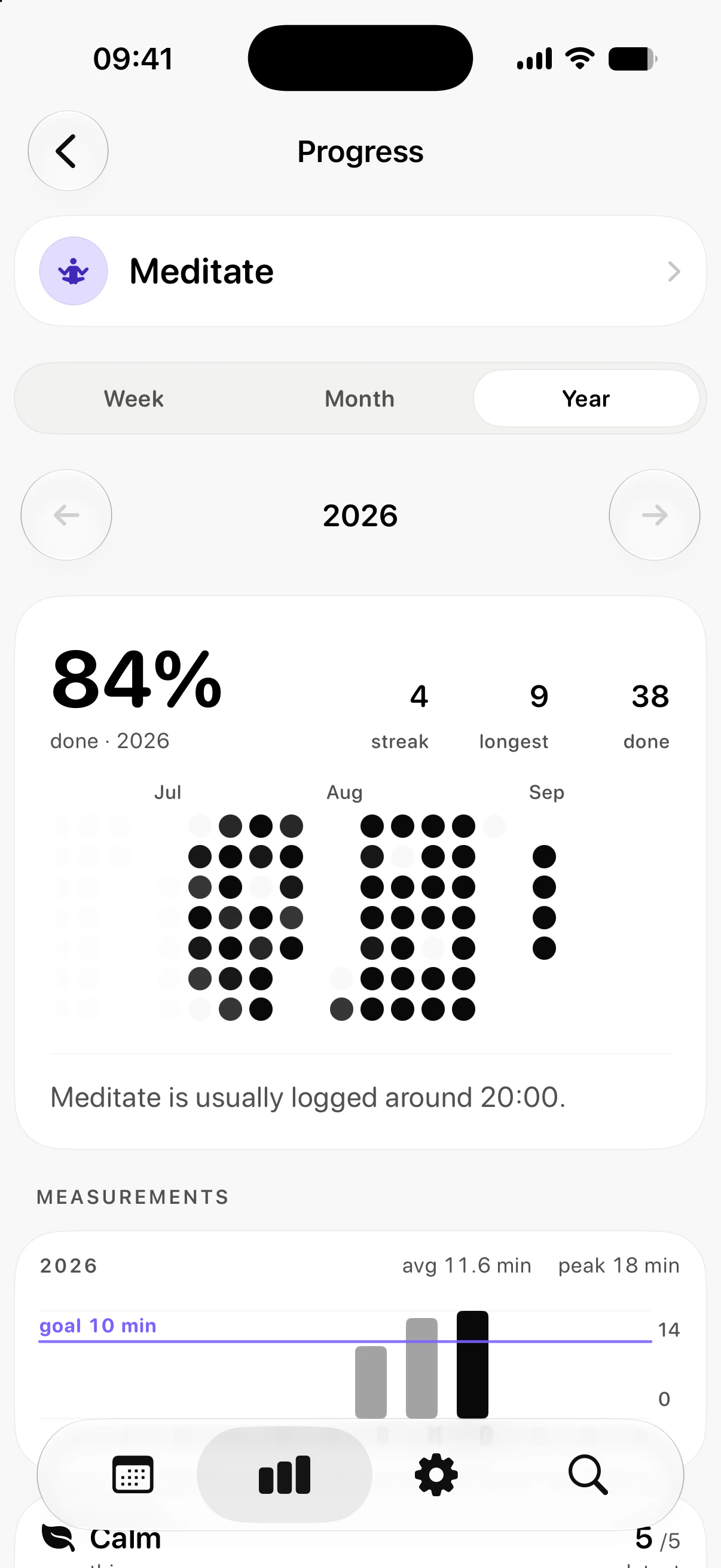 A habit's year in Stats, with the dot grid and monthly bars