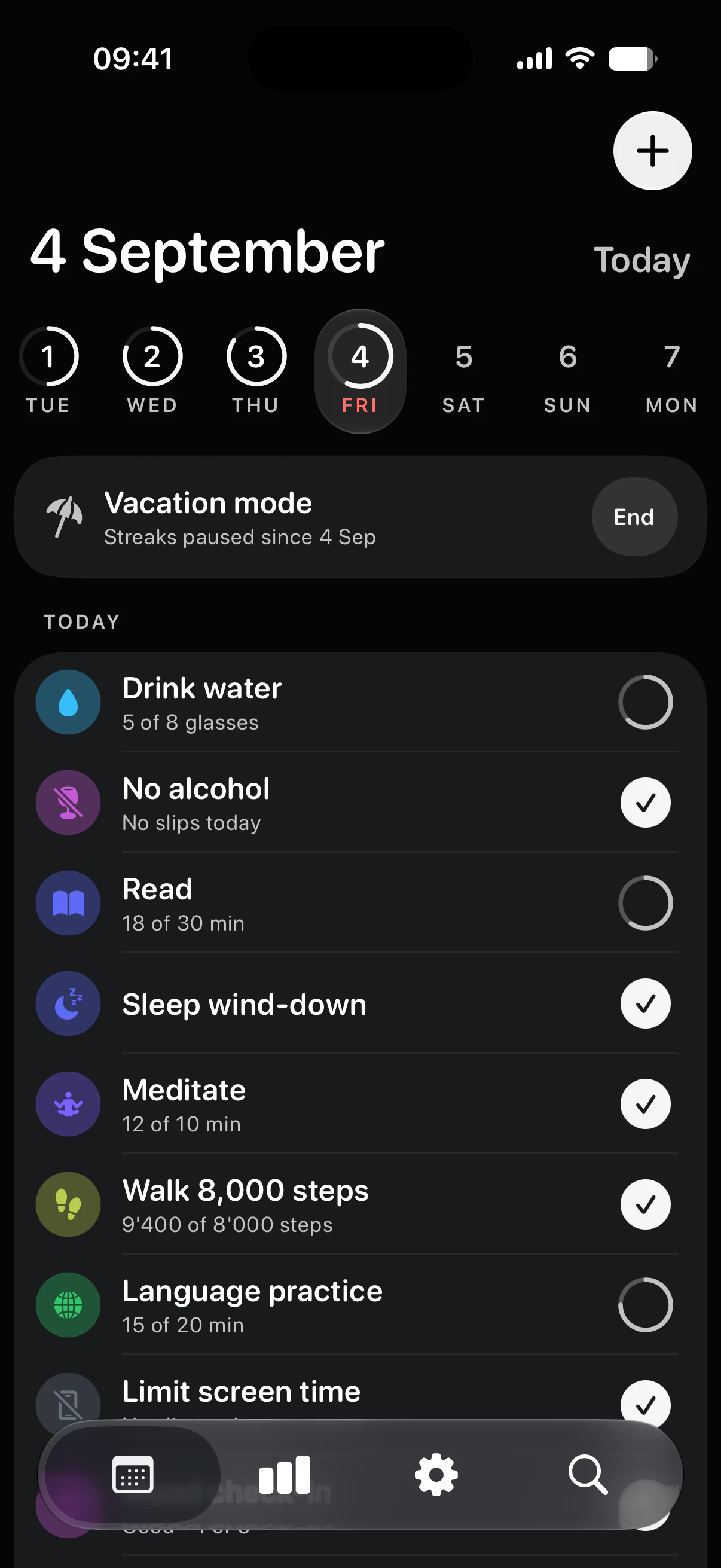 Today with Vacation mode on: streaks paused