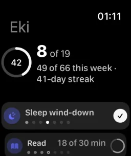 Today on Apple Watch: 8 of 19 done, 41-day streak, Sleep wind-down checked and Read still open