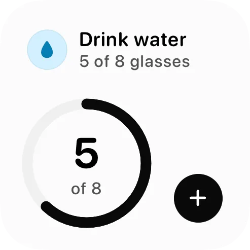 One Habit widget: Drink water, 5 of 8 glasses, with a plus to log one more