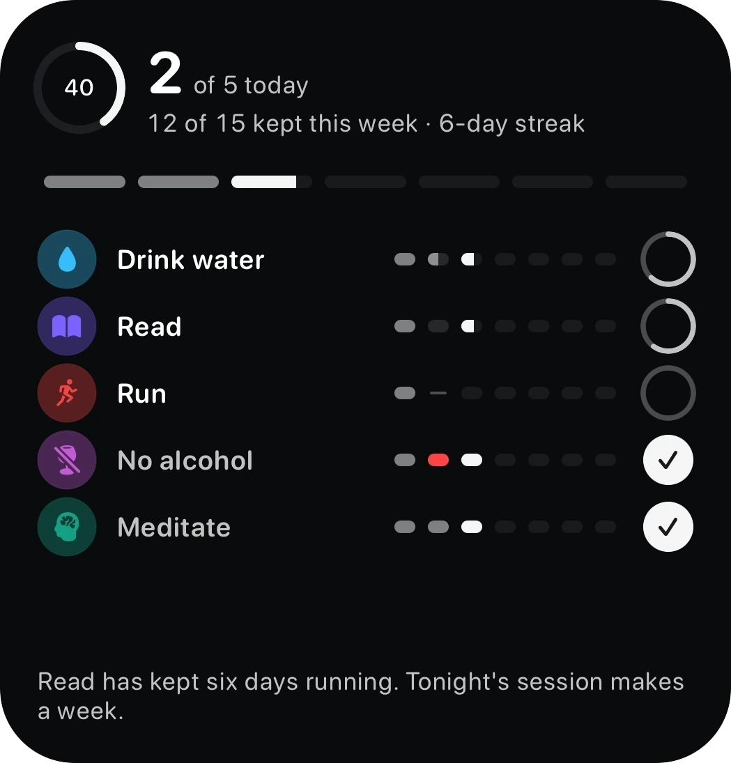 Large Today widget: two of five done, with each habit's week marks and a short note from Eki