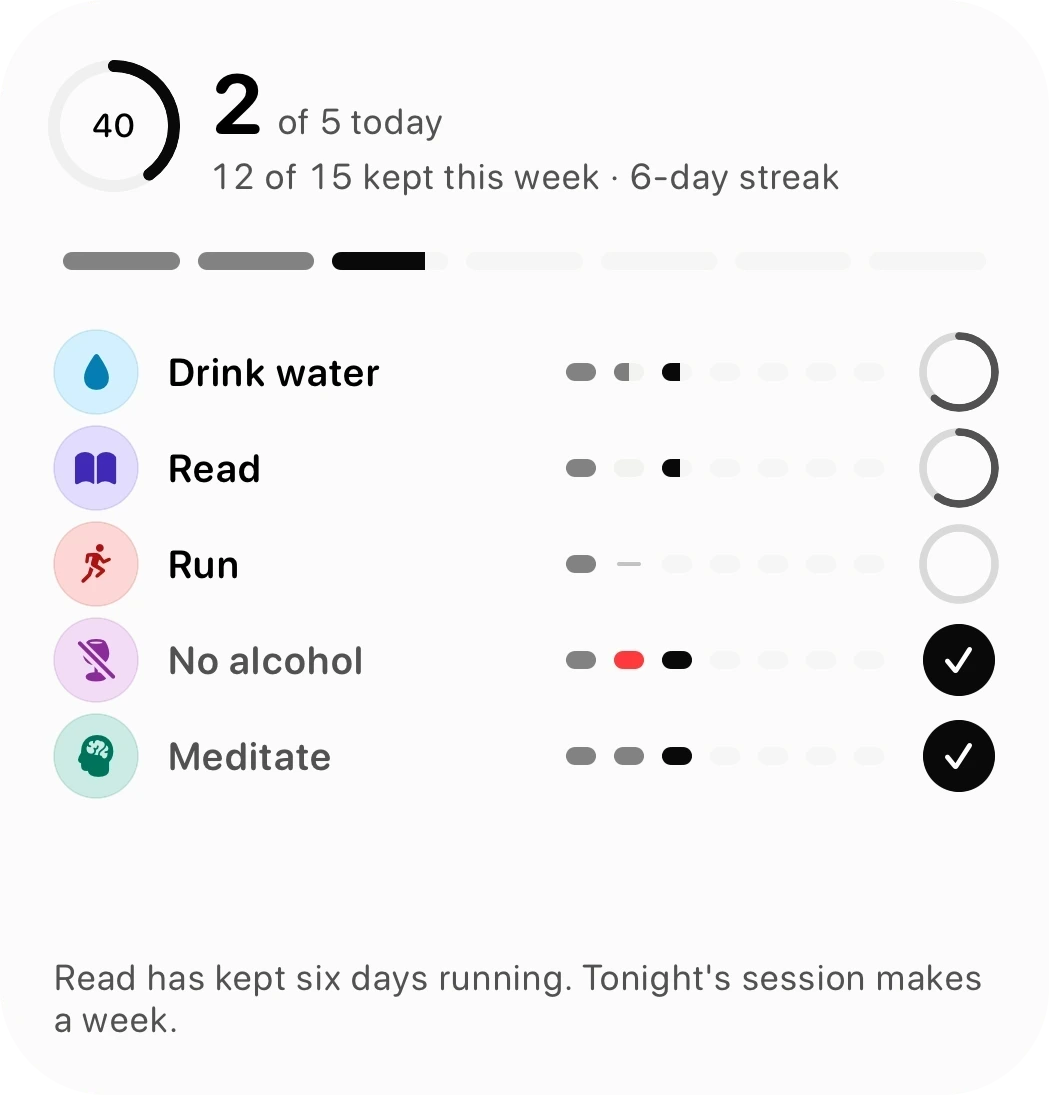 Large Today widget: two of five done, with each habit's week marks and a short note from Eki